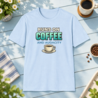 Runs on Coffee T-Shirt in Light Blue, lifestyle mockup
