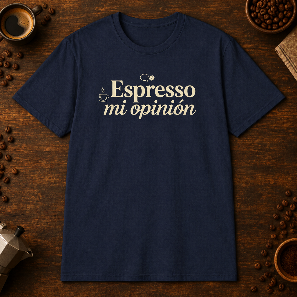 Espresso mi opinión T-Shirt in Navy, overhead coffee-bar flat-lay mockup