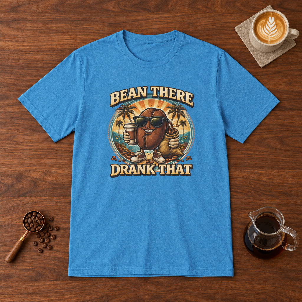 Bean There Drank That T-Shirt Heather Sapphire flat lay on walnut coffee bar