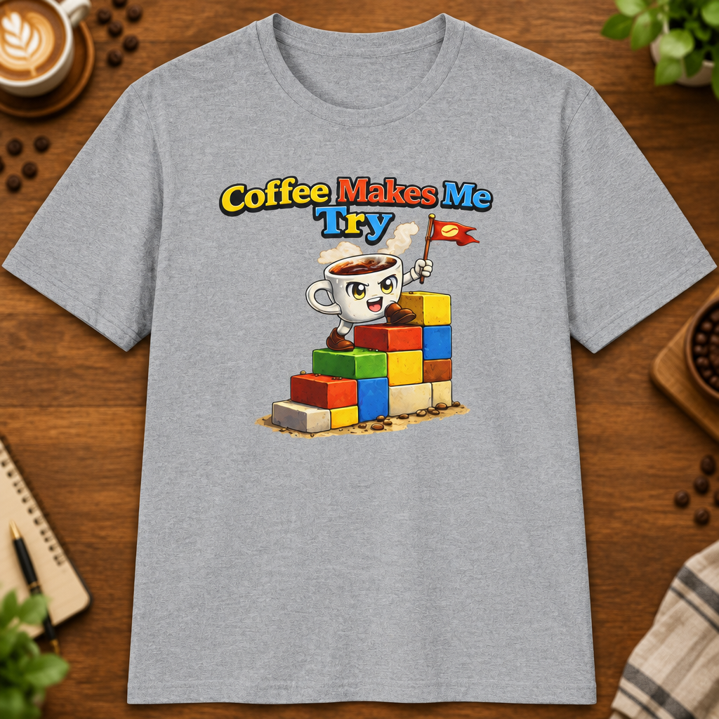 Coffee Makes Me Try 2 T-Shirt in Heather Maroon, zoomed lifestyle mockup