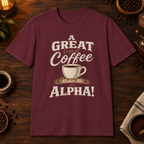 A Great Cup of Coffee T-Shirt in Maroon, overhead coffee-bar flat-lay mockup