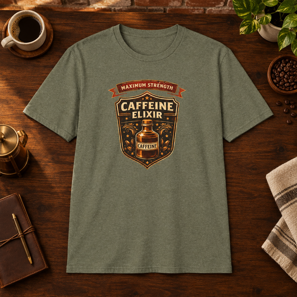 Caffeine Elixir T-Shirt Heather Military Green close-fill short-sleeve coffee-bar flat lay