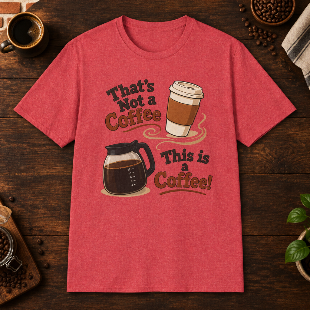 That’s Not a Coffee T-Shirt in Heather Red, overhead coffee-bar flat-lay mockup