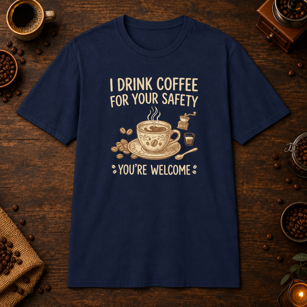 I Drink Coffee for Your Safety T-Shirt in Navy, overhead coffee-bar flat-lay mockup