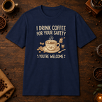 I Drink Coffee for Your Safety T-Shirt in Navy, overhead coffee-bar flat-lay mockup