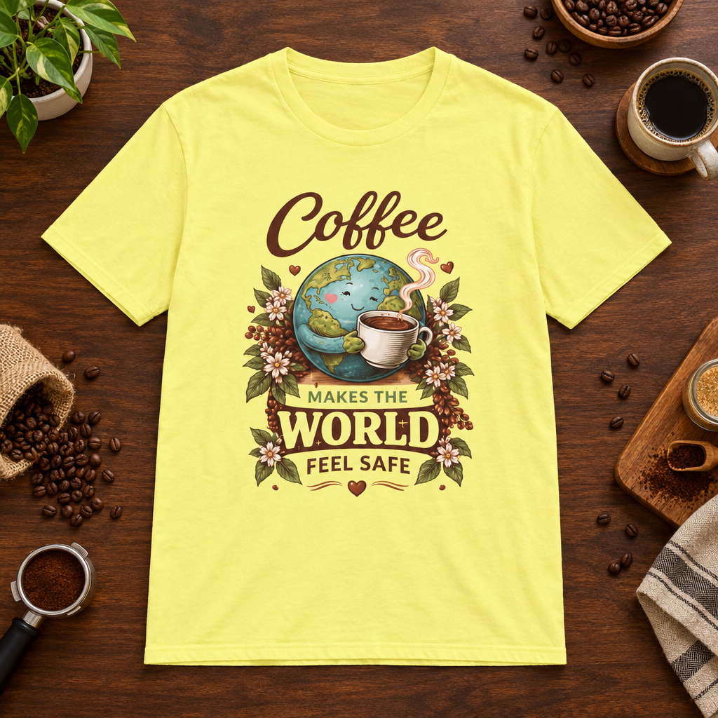 Coffee Safety T-Shirt Cornsilk short-sleeve coffee-bar flat lay