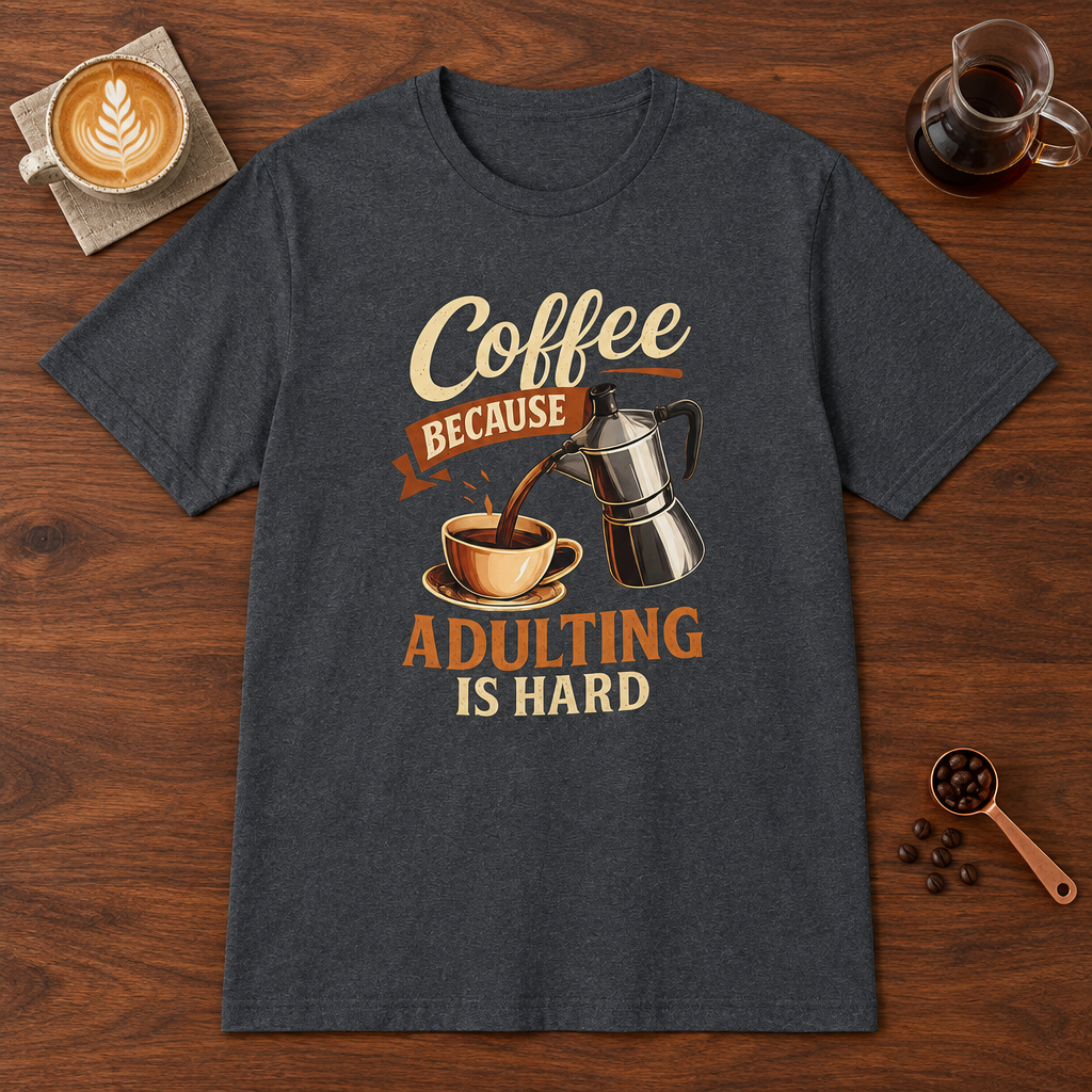 Adulting is Hard T-Shirt Dark Heather coffee bar mockup