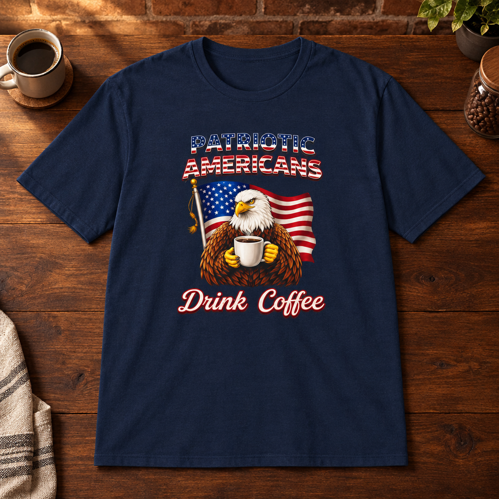 Patriotic Americans T-Shirt Navy close-fill short-sleeve coffee-bar flat lay