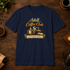 Adult Coffee Club T-Shirt in Navy, overhead coffee-bar flat-lay mockup