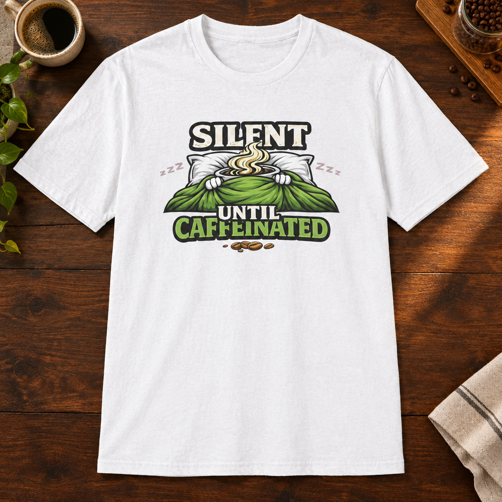 Silent Until Caffeinated T-Shirt White close-fill short-sleeve coffee-bar flat lay