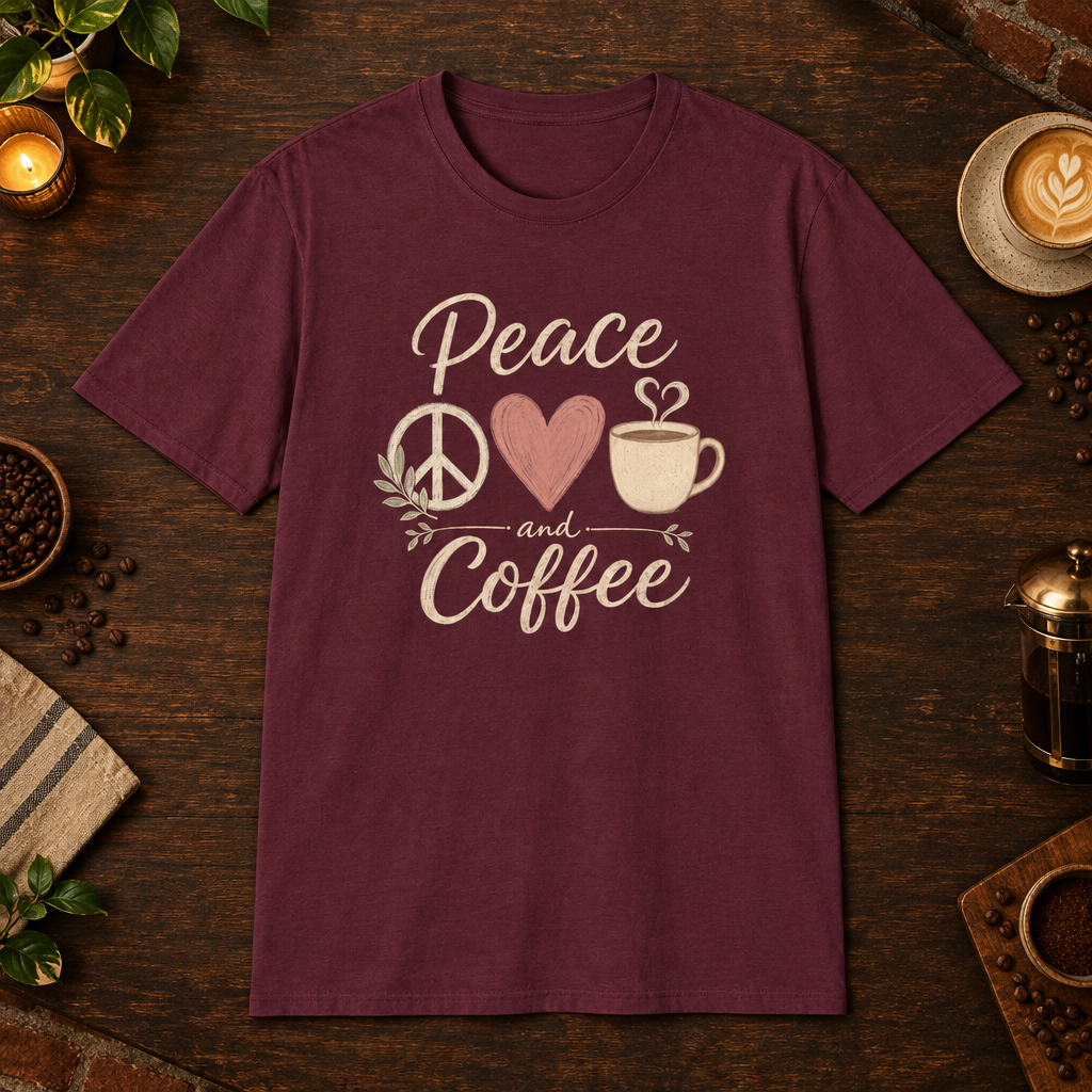 Peace, Love and Coffee T-Shirt in Maroon, coffee bar flat lay mockup