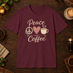 Peace, Love and Coffee T-Shirt in Maroon, coffee bar flat lay mockup