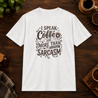 I Speak Coffee T-Shirt in White, coffee bar flat lay mockup