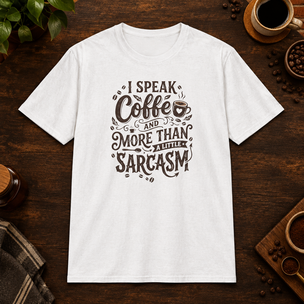 I Speak Coffee T-Shirt in White, coffee bar flat lay mockup