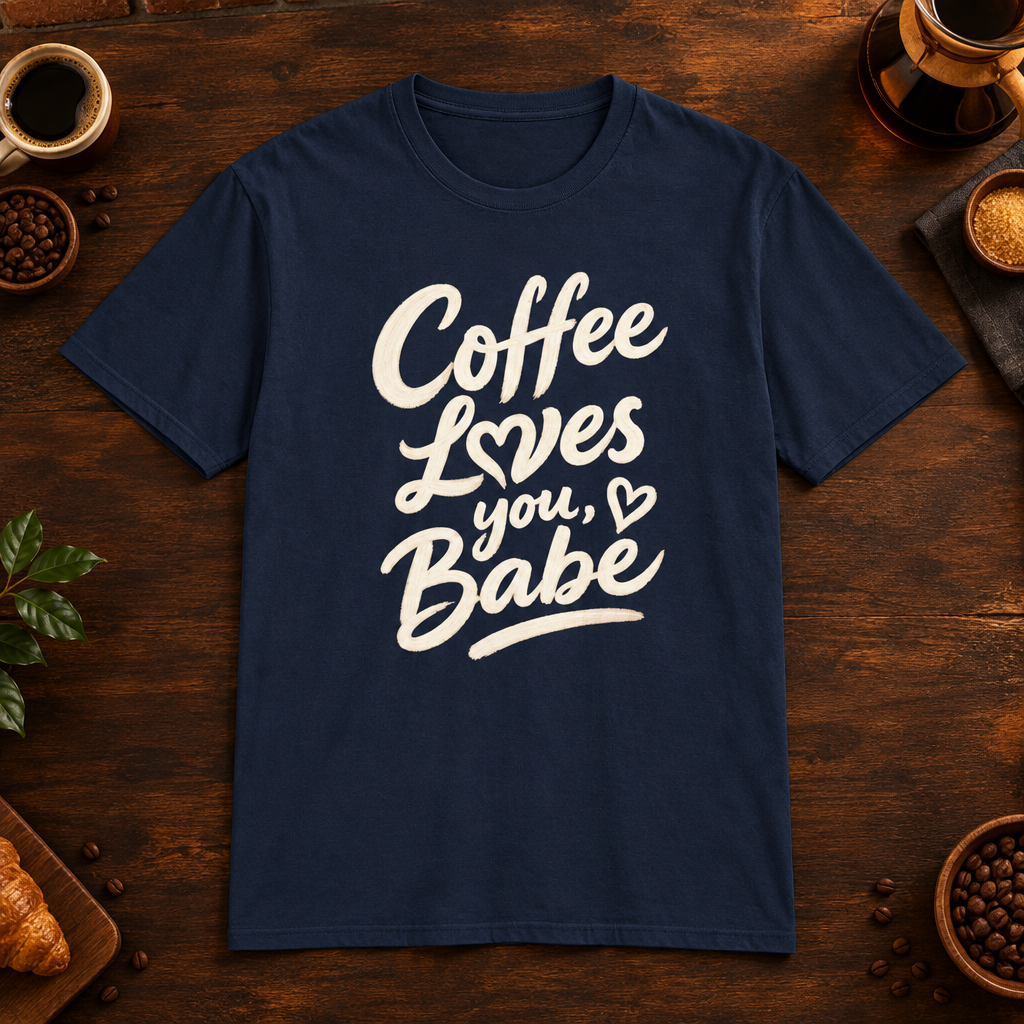 Coffee Loves You, Babe T-Shirt in Navy, coffee bar flat lay mockup