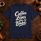 Coffee Loves You, Babe T-Shirt in Navy, coffee bar flat lay mockup