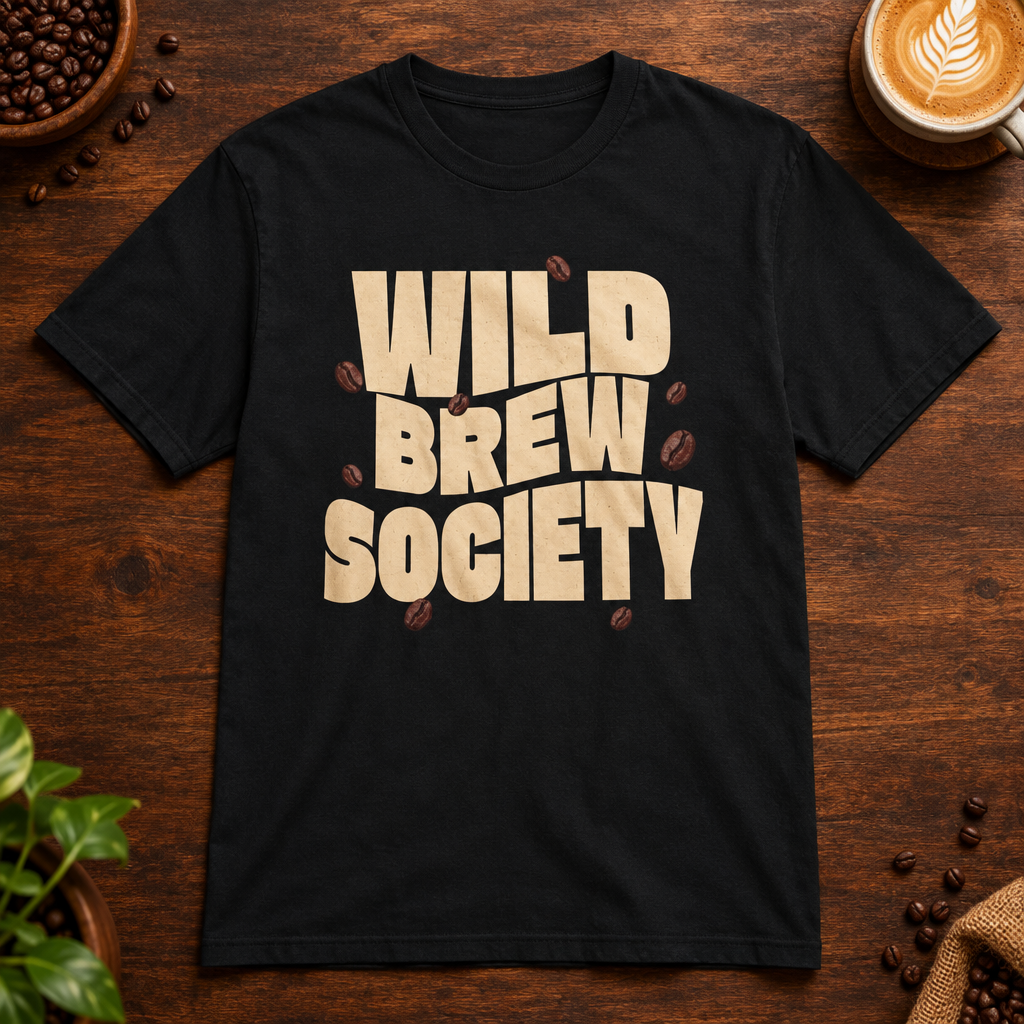 Wild Brew Society T-Shirt Black on a warm coffee bar