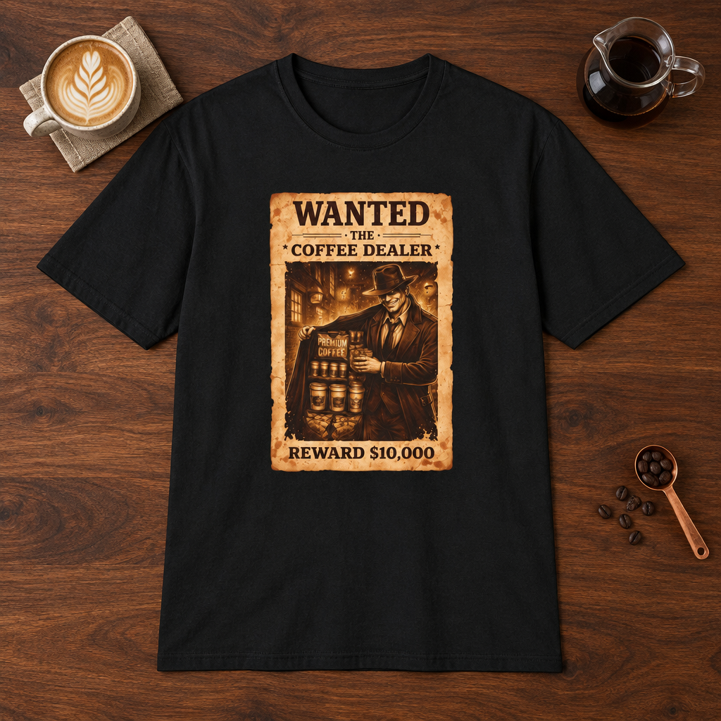 Wanted T-Shirt Black coffee bar mockup