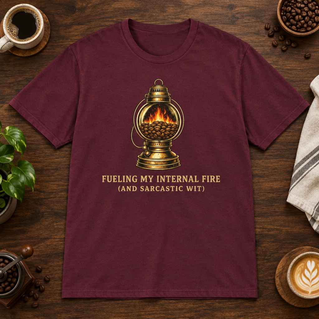 Internal Fire T-Shirt Maroon coffee-bar flat lay