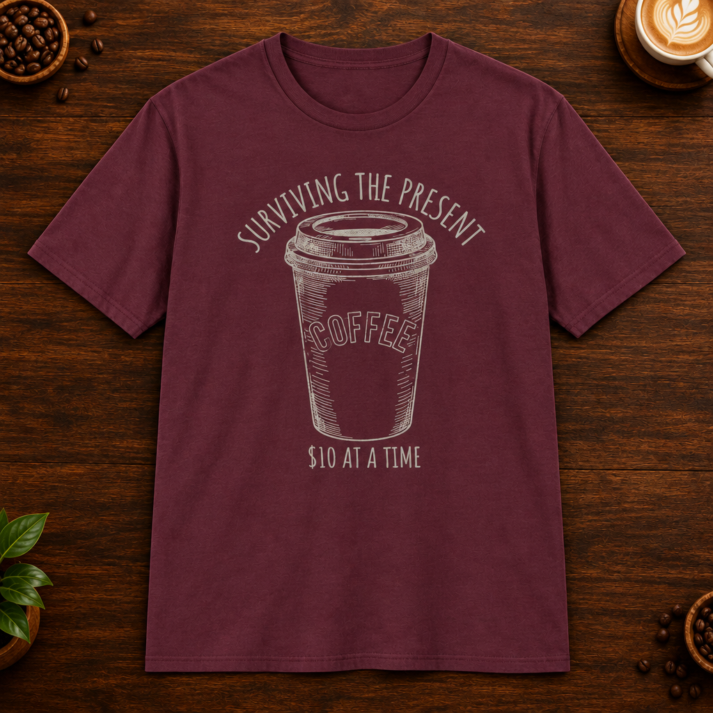 Surviving the Present T-Shirt in Maroon on a dark wood coffee bar