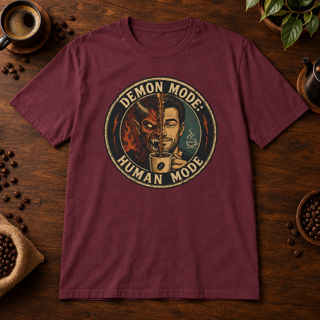 Demon Mode T-Shirt Maroon coffee-bar flat lay