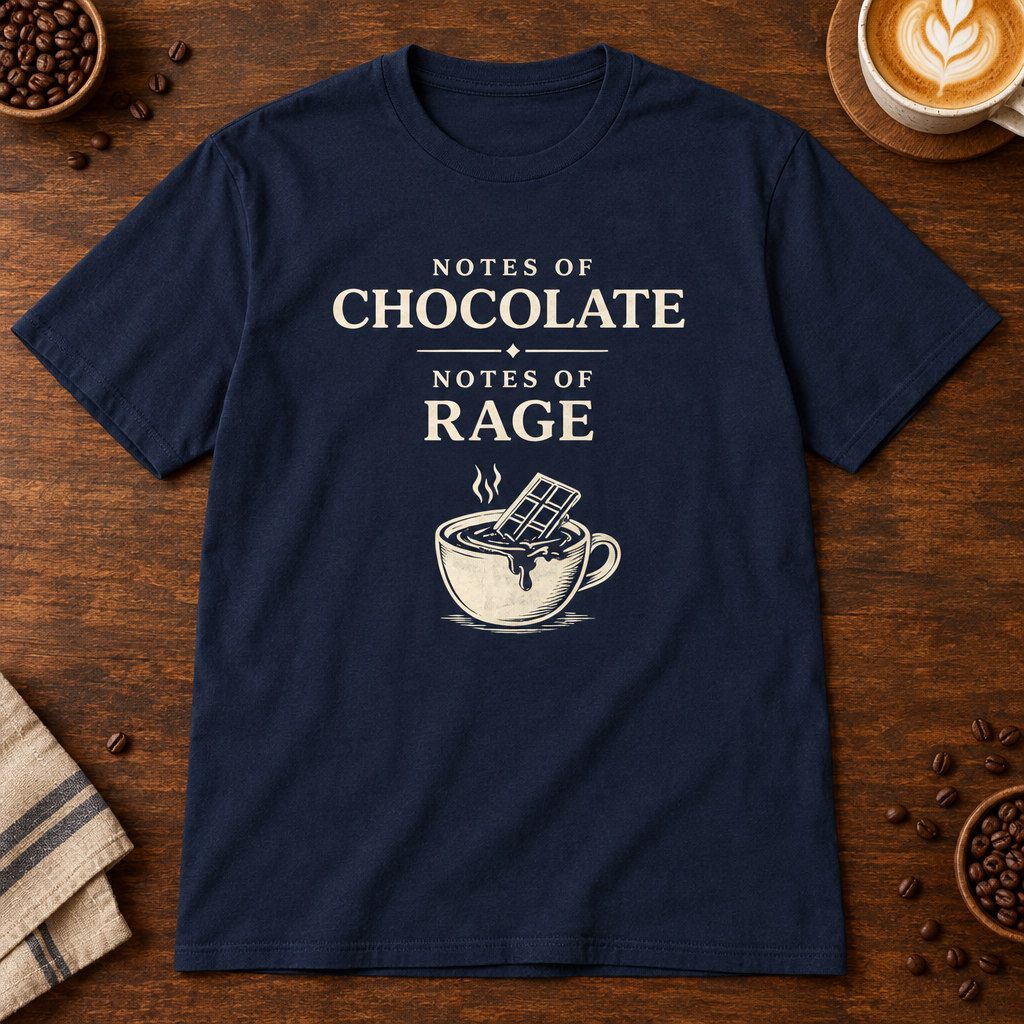 Notes of Rage T-Shirt in Navy on a dark wood coffee bar