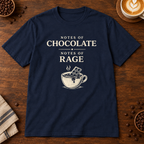 Notes of Rage T-Shirt in Navy on a dark wood coffee bar