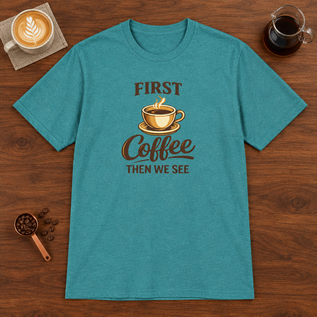 First Coffee Then We See T-Shirt Heather Galapagos Blue coffee bar mockup