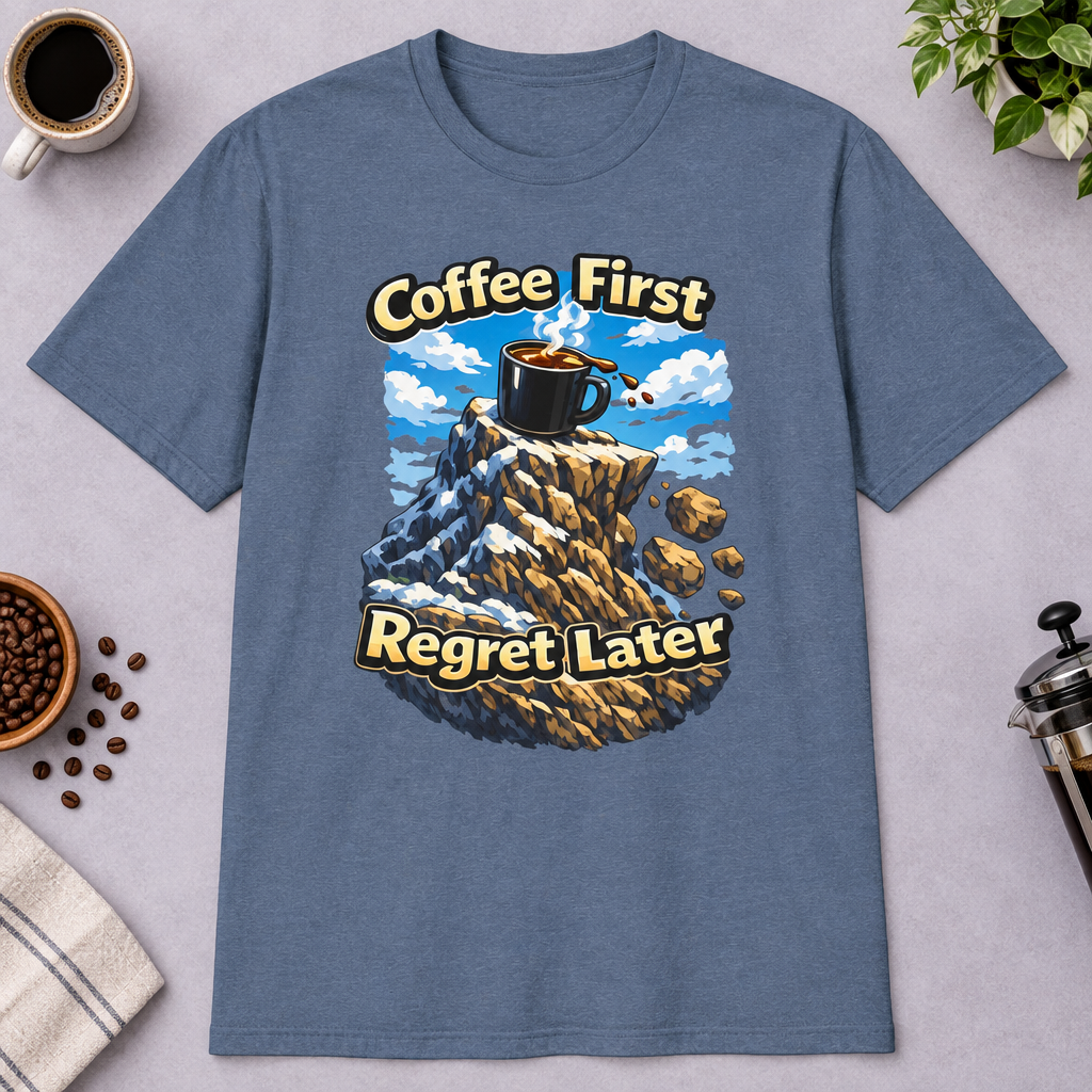 Coffee First Regret Later T-Shirt in Sport Grey, zoomed lifestyle mockup