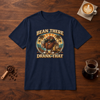Bean There Drank That T-Shirt Navy flat lay on walnut coffee bar