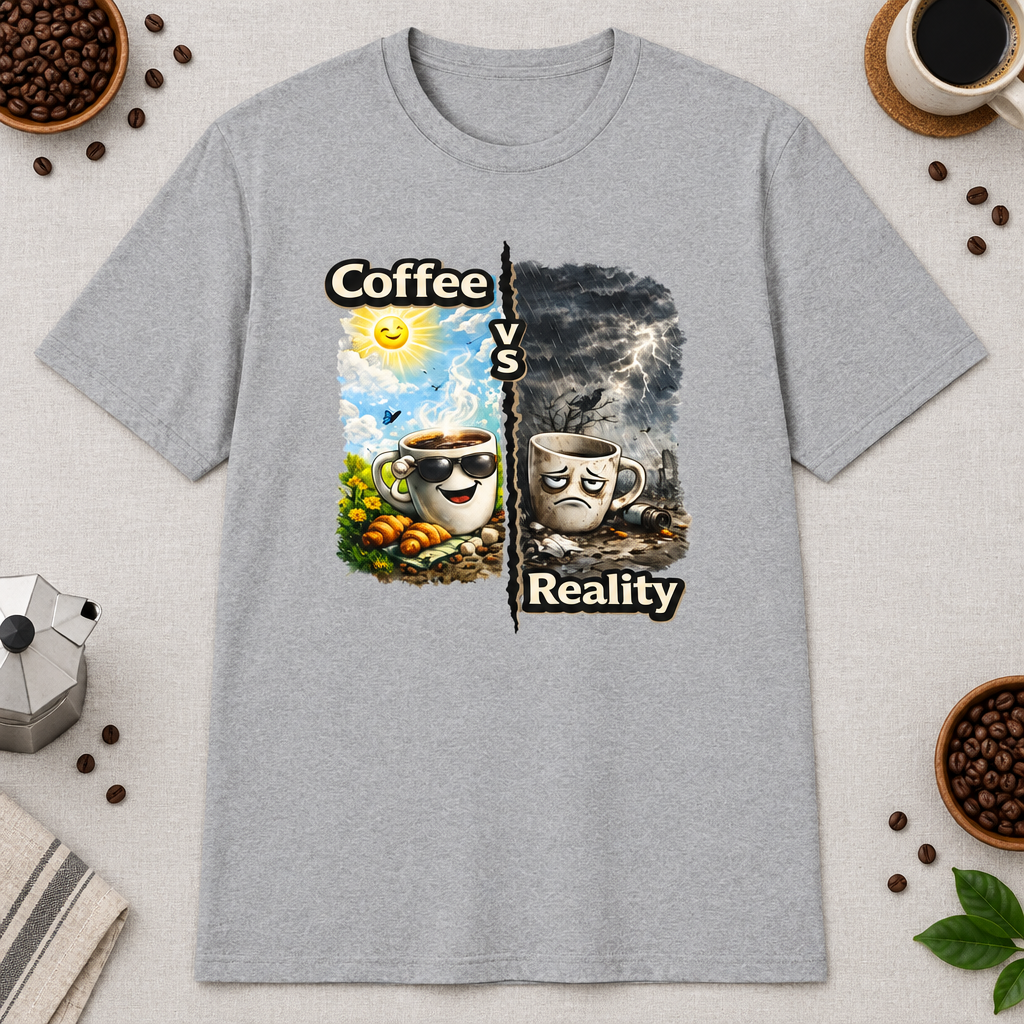 Coffee vs Reality T-Shirt in Heather Sapphire, zoomed lifestyle mockup