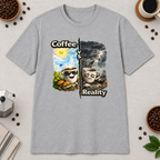 Coffee vs Reality T-Shirt in Heather Sapphire, zoomed lifestyle mockup