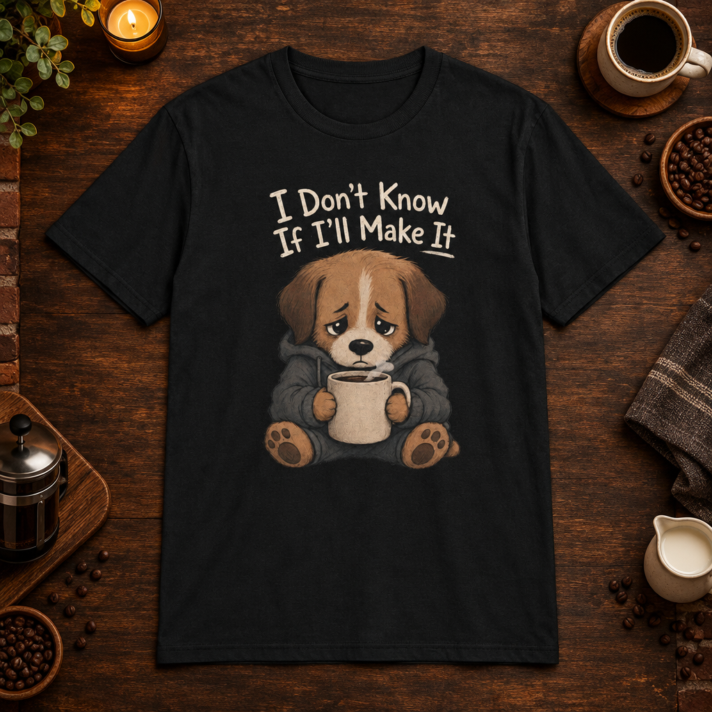 I Don't Know If I'll Make It T-Shirt in Black, coffee bar flat lay mockup