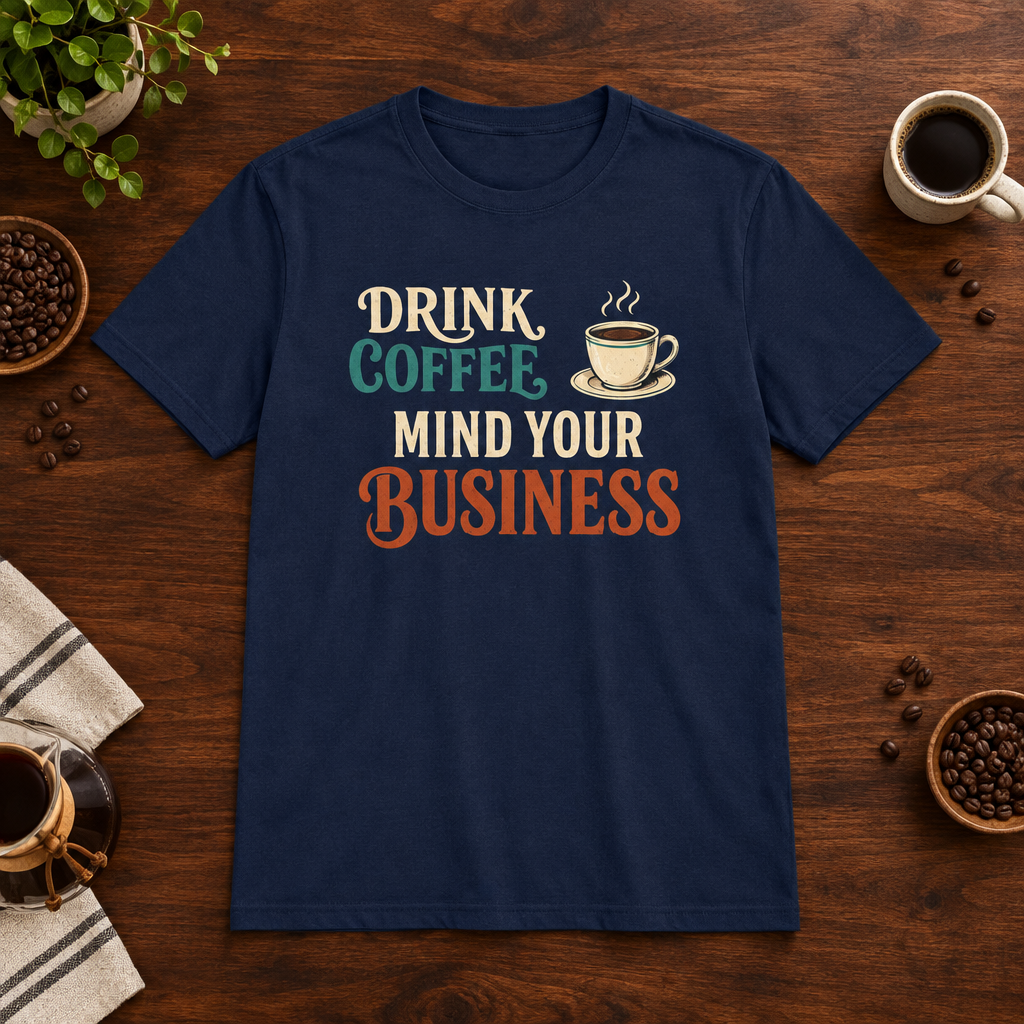 Mind Your Business T-Shirt Navy short-sleeve coffee-bar flat lay
