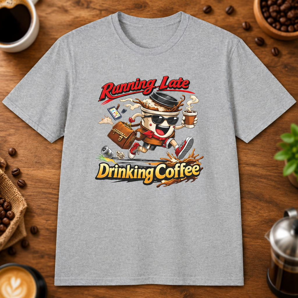 Running Late Drinking Coffee T-Shirt in Heather Indigo, zoomed lifestyle mockup