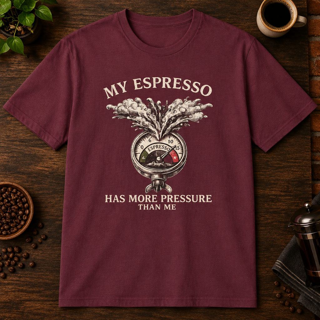 My Espresso T-Shirt in Maroon, overhead coffee-bar flat-lay mockup