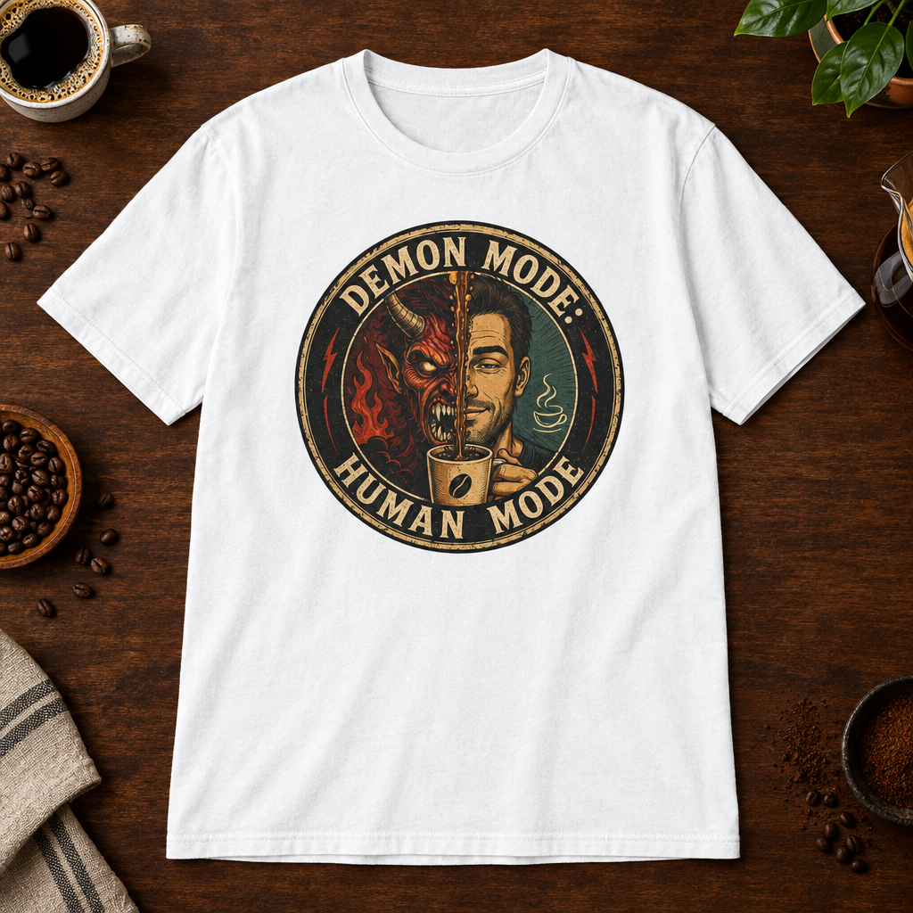Demon Mode T-Shirt White coffee-bar flat lay