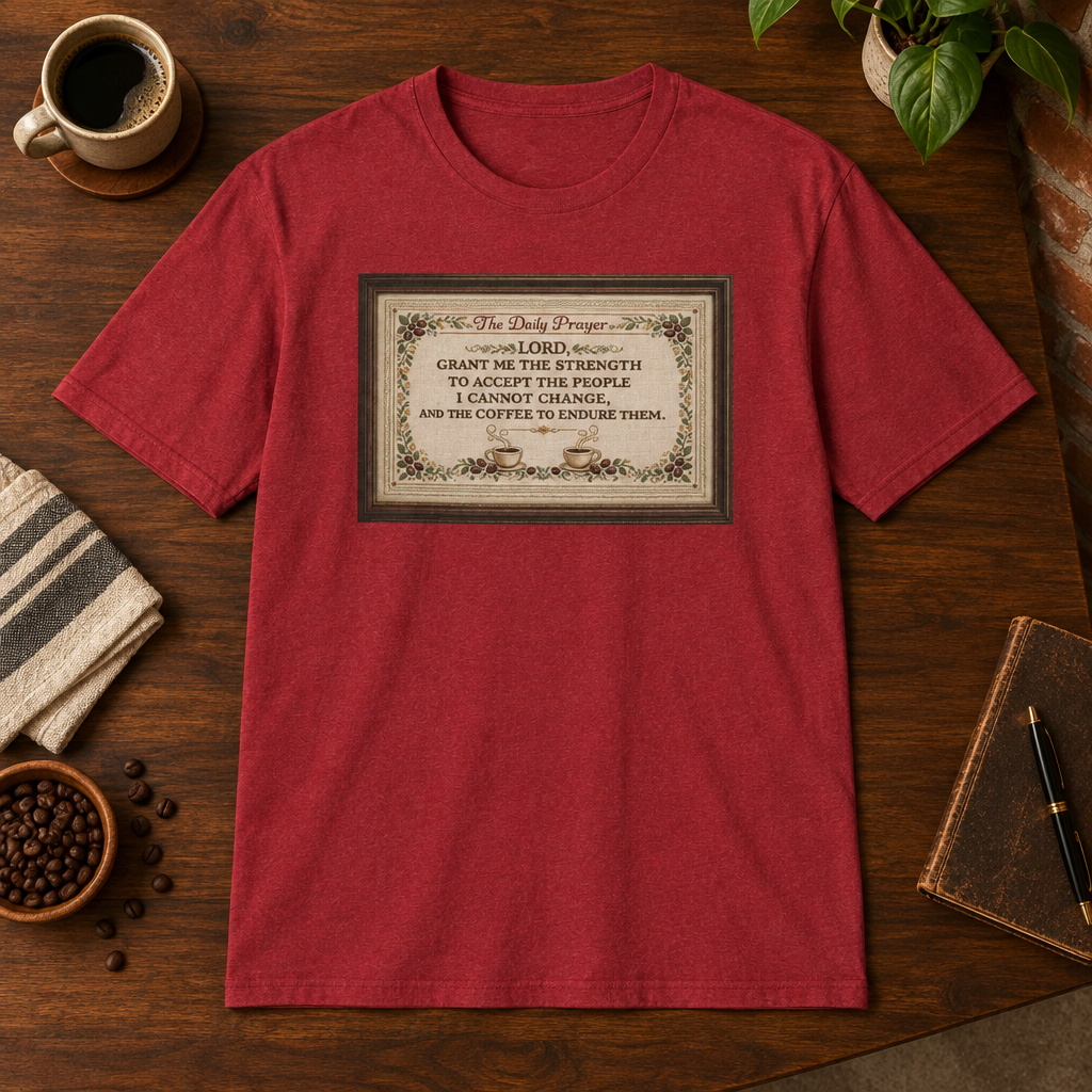 Daily Prayer T-Shirt Antique Cherry Red close-fill short-sleeve coffee-bar flat lay