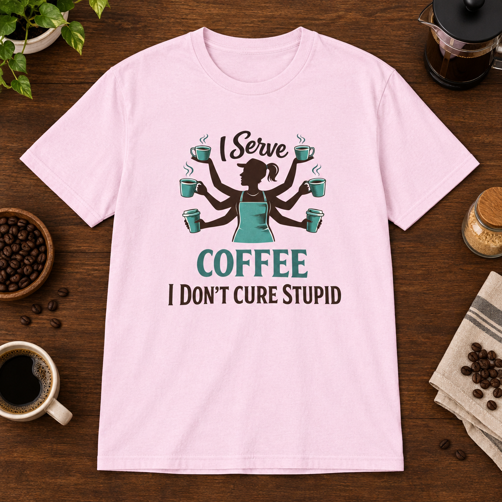 I Serve Coffee T-Shirt Light Pink short-sleeve coffee-bar flat lay
