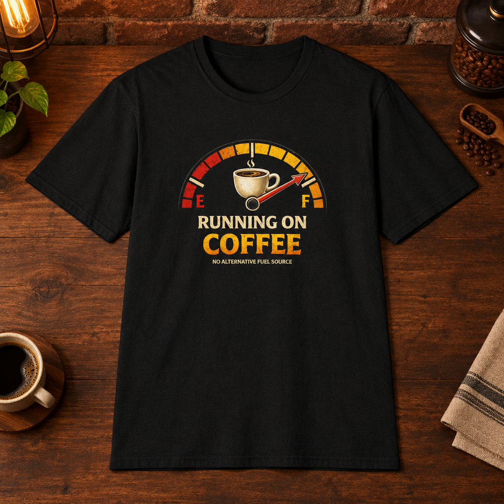Running on Coffee T-Shirt Black close-fill short-sleeve coffee-bar flat lay