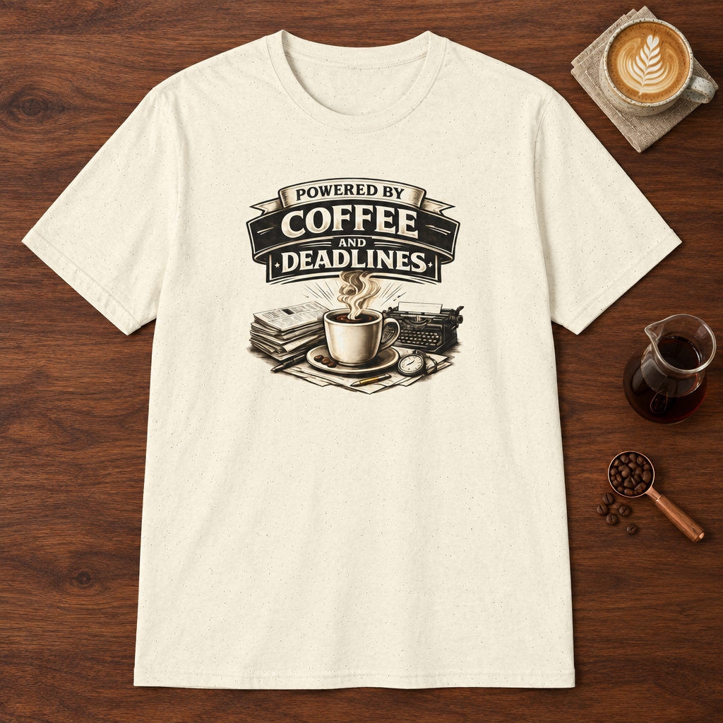 Powered by Coffee and Deadlines T-Shirt Natural coffee bar mockup