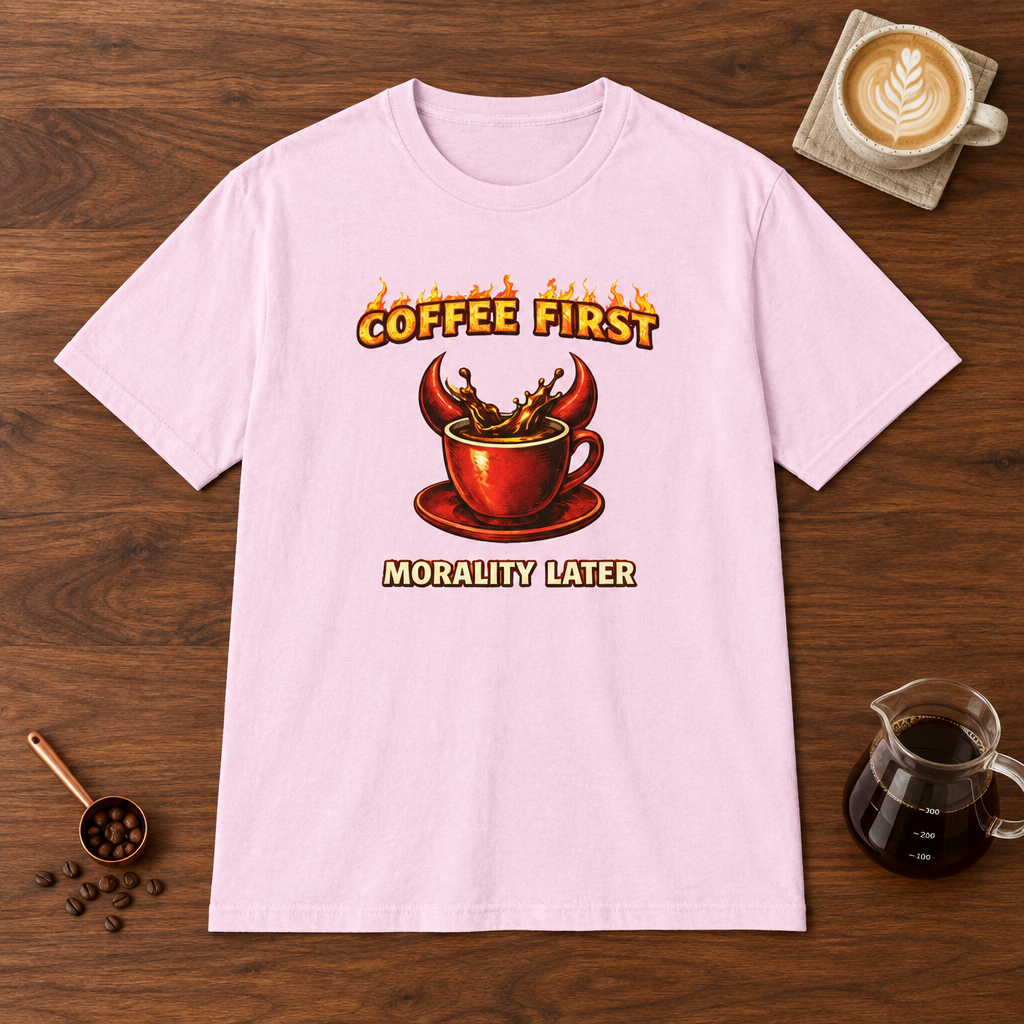 Coffee First Morality Later red cup T-Shirt Light Pink flat lay on walnut coffee bar