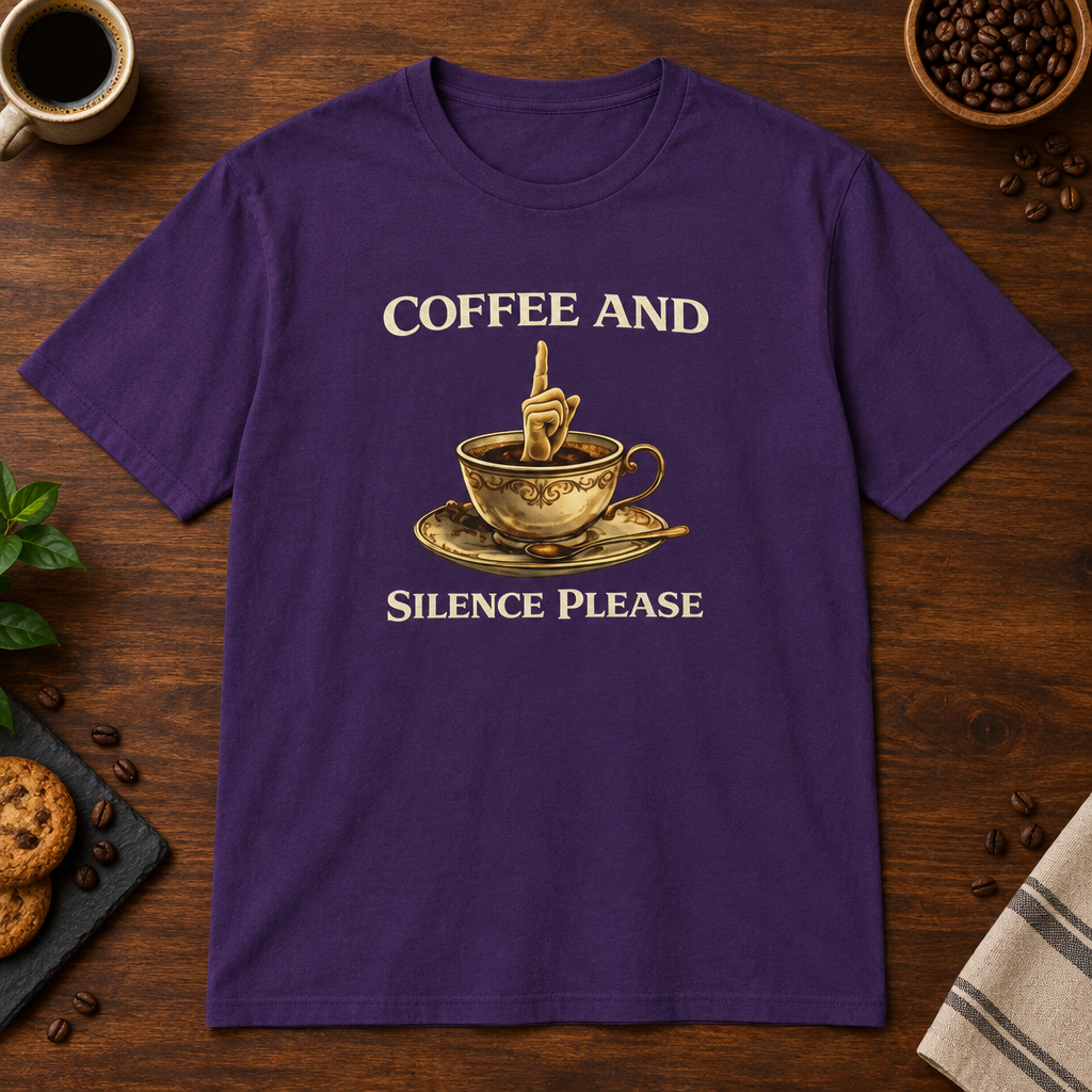 Coffee and Silence Please T-Shirt Purple coffee-bar flat lay