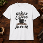 A Great Cup of Coffee T-Shirt in White, overhead coffee-bar flat-lay mockup