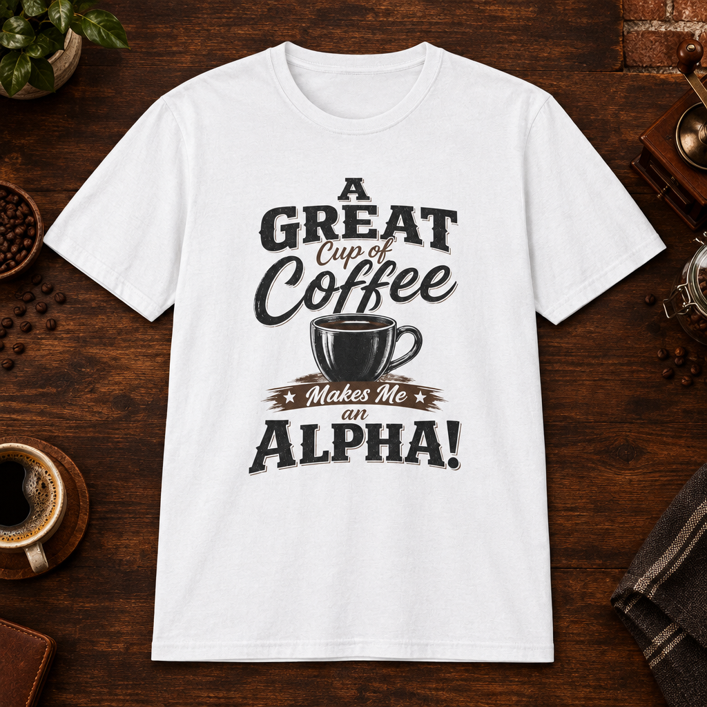 A Great Cup of Coffee T-Shirt in White, overhead coffee-bar flat-lay mockup