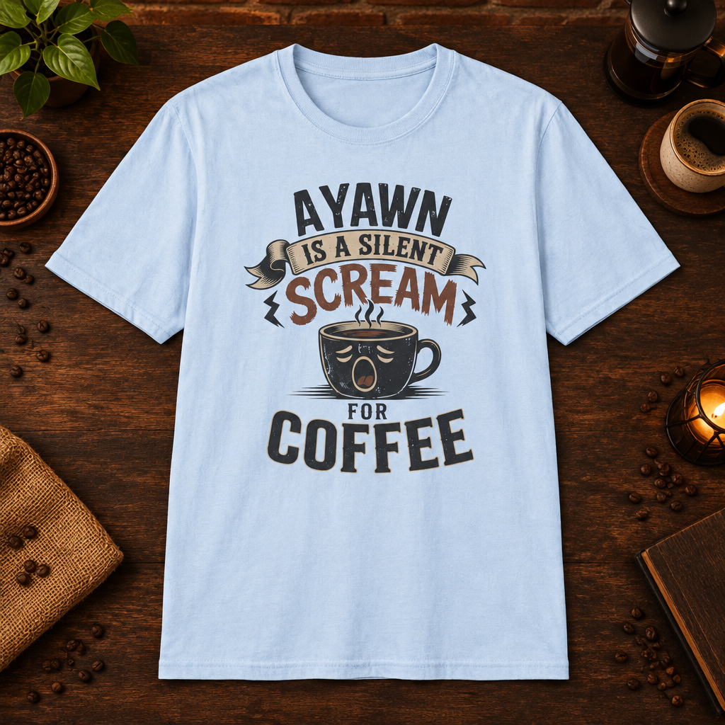 A Yawn for a Coffee Cup T-Shirt in Light Blue, coffee bar flat lay mockup