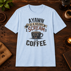 A Yawn for a Coffee Cup T-Shirt in Light Blue, coffee bar flat lay mockup