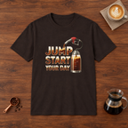 Jump Start Your Day T-Shirt Dark Chocolate flat lay on walnut coffee bar