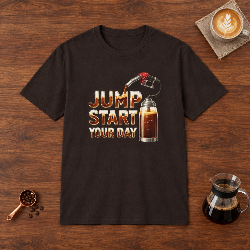 Jump Start Your Day T-Shirt Dark Chocolate flat lay on walnut coffee bar