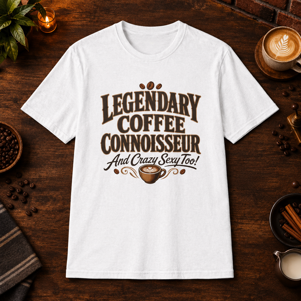 Legendary Coffee Connoisseur T-Shirt in White, coffee bar flat lay mockup